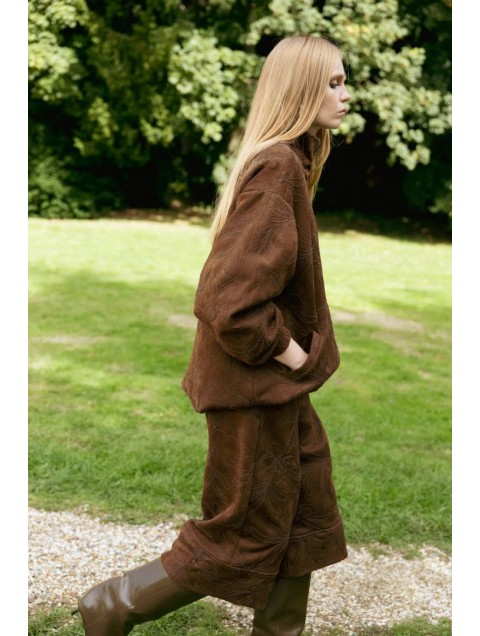 NIDODILEDA Madeline Culottes Embroidered Vegan Leather Brown Καφέ Κεντητή Ζιπ Κιλότ