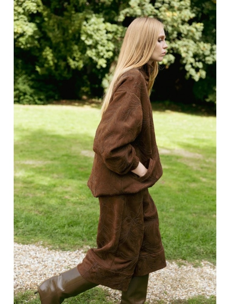 NIDODILEDA Madeline Culottes Embroidered Vegan Leather Brown Καφέ Κεντητή Ζιπ Κιλότ