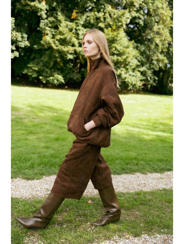 NIDODILEDA Madeline Culottes Embroidered Vegan Leather Brown Καφέ Κεντητή Ζιπ Κιλότ