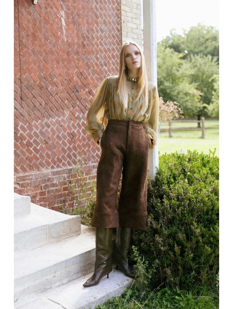 NIDODILEDA Madeline Culottes Embroidered Vegan Leather Brown Καφέ Κεντητή Ζιπ Κιλότ