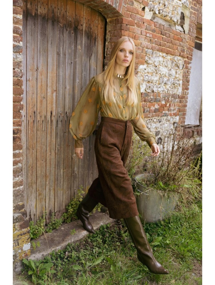 NIDODILEDA Madeline Culottes Embroidered Vegan Leather Brown Καφέ Κεντητή Ζιπ Κιλότ