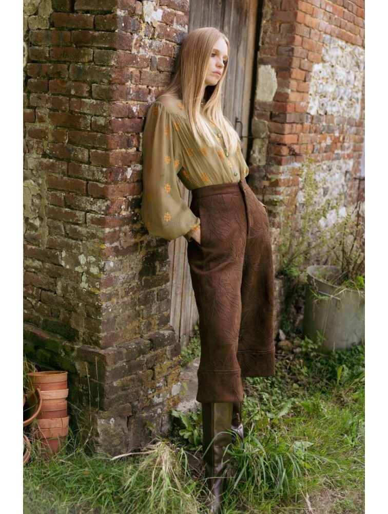 NIDODILEDA Madeline Culottes Embroidered Vegan Leather Brown Καφέ Κεντητή Ζιπ Κιλότ