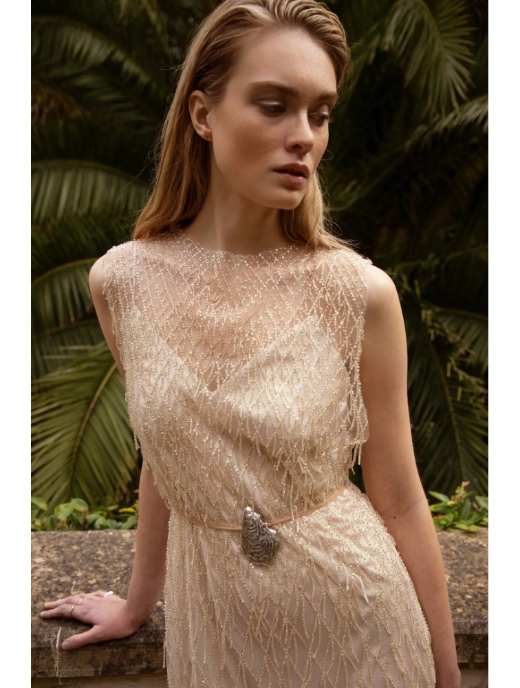 NIDODILEDA Mile Dress Beaded Fringe Semi Sheer
