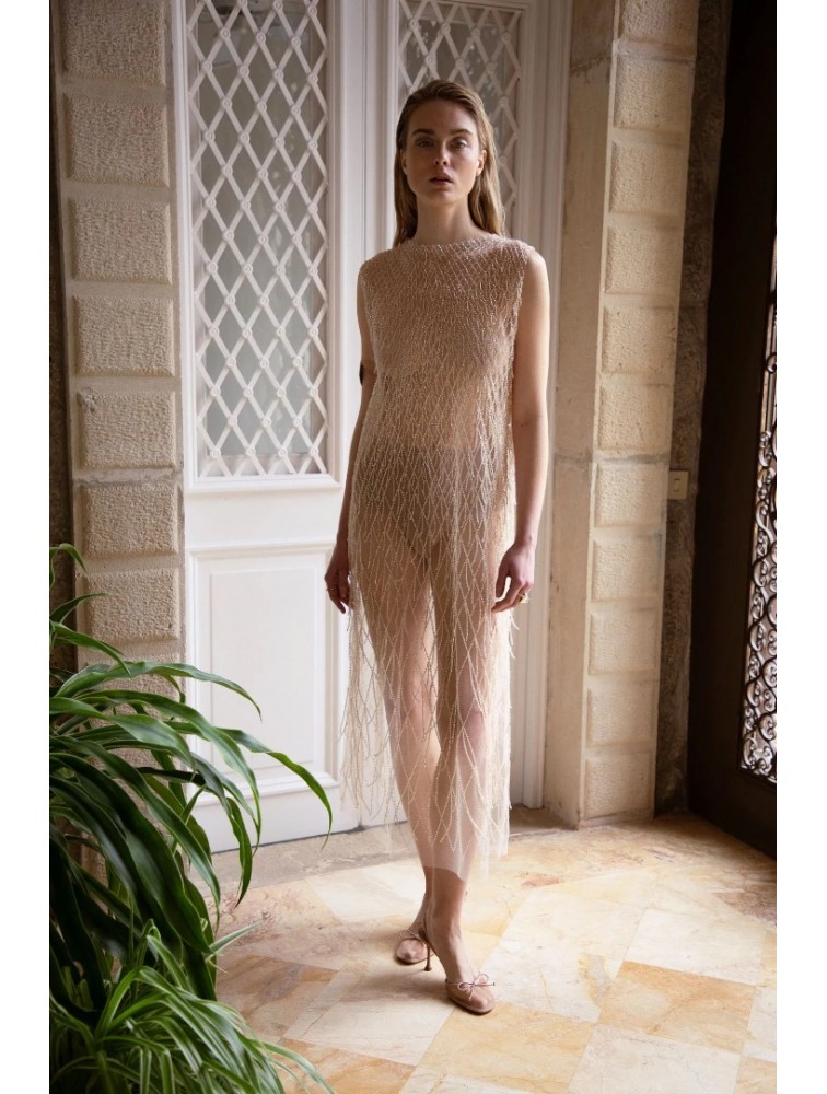 NIDODILEDA Mile Dress Beaded Fringe Semi Sheer