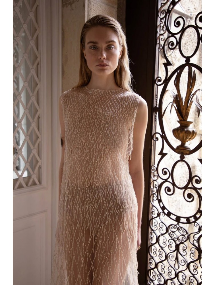 NIDODILEDA Mile Dress Beaded Fringe Semi Sheer