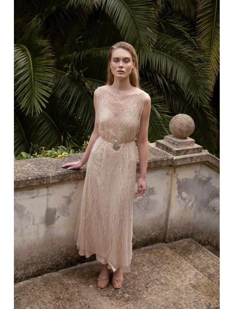 NIDODILEDA Mile Dress Beaded Fringe Semi Sheer