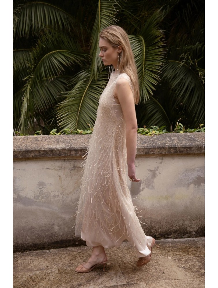 NIDODILEDA Mile Dress Beaded Fringe Semi Sheer