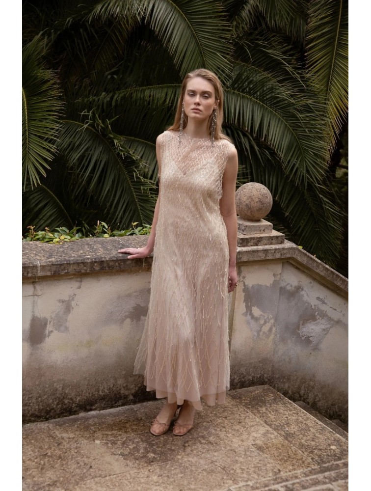 NIDODILEDA Mile Dress Beaded Fringe Semi Sheer