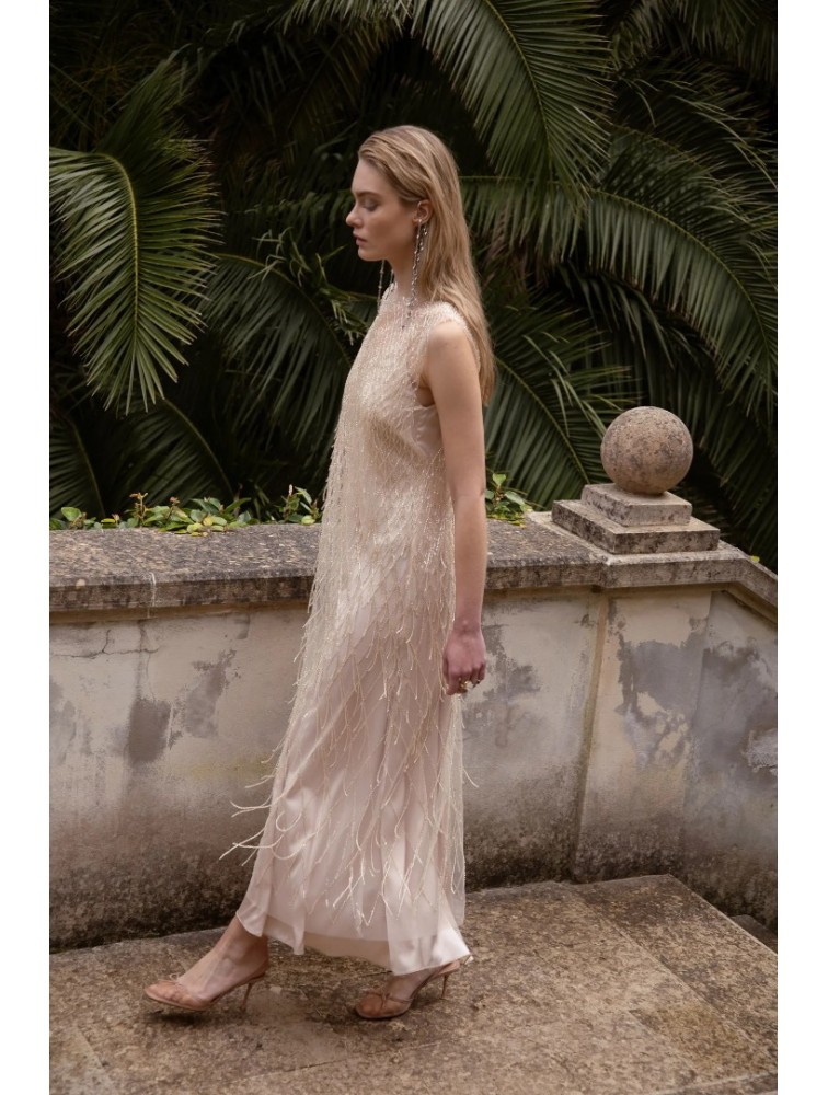 NIDODILEDA Mile Dress Beaded Fringe Semi Sheer