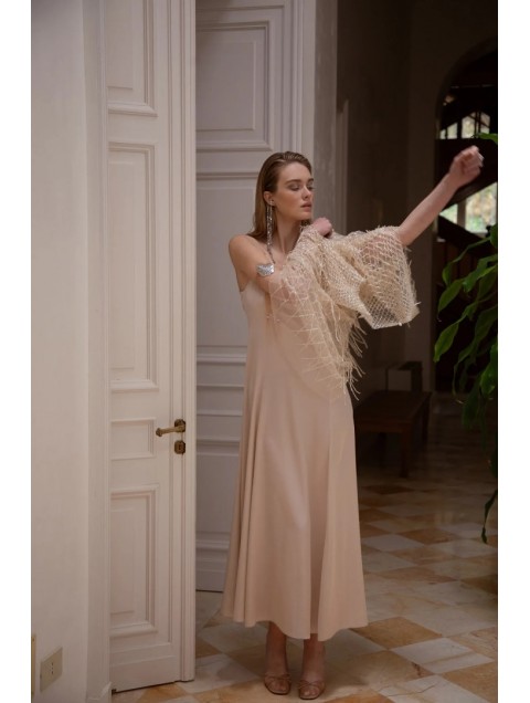 NIDODILEDA Mile Dress Beaded Fringe Semi Sheer Μπεζ Ημιδιαφανές Φόρεμα με Χάντρες