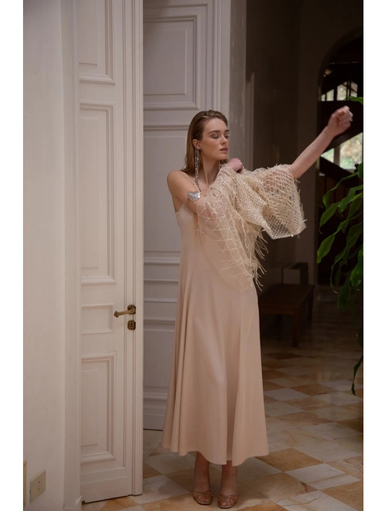 NIDODILEDA Mile Dress Beaded Fringe Semi Sheer