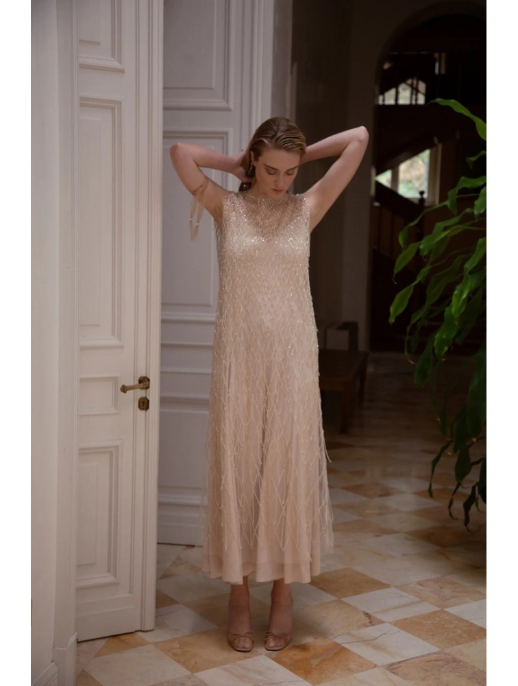 NIDODILEDA Mile Dress Beaded Fringe Semi Sheer