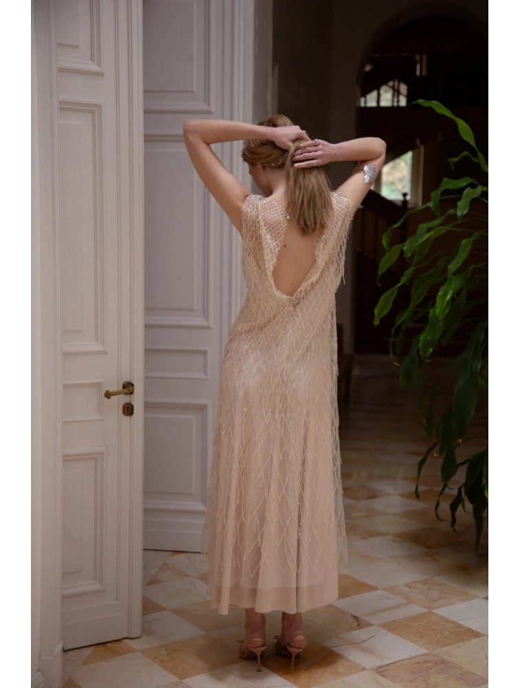 NIDODILEDA Mile Dress Beaded Fringe Semi Sheer