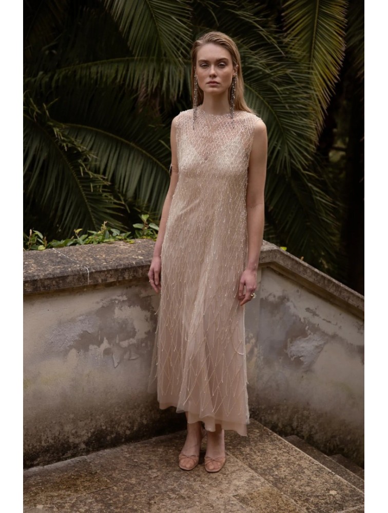 NIDODILEDA Mile Dress Beaded Fringe Semi Sheer