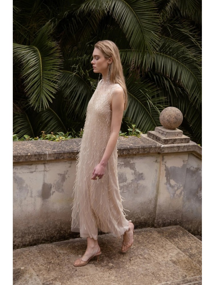 NIDODILEDA Mile Dress Beaded Fringe Semi Sheer