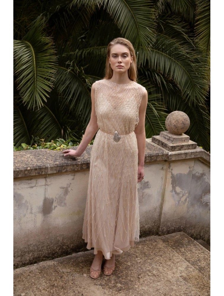 NIDODILEDA Mile Dress Beaded Fringe Semi Sheer