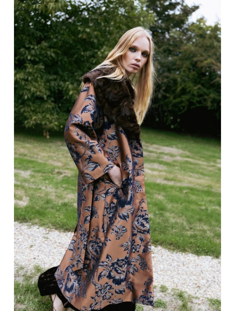 NIDODILEDA Morrison Overcoat Floral Jacquard Faux Fur Multi Φλοράλ Παλτό με Γούνα