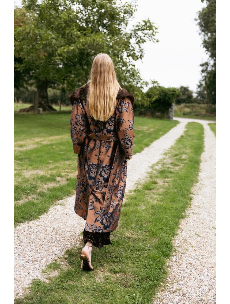 NIDODILEDA Morrison Overcoat Floral Jacquard Faux Fur Multi Φλοράλ Παλτό με Γούνα