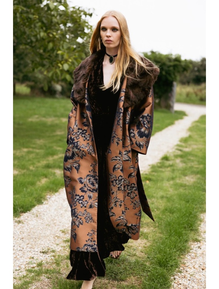 NIDODILEDA Morrison Overcoat Floral Jacquard Faux Fur Multi Φλοράλ Παλτό με Γούνα