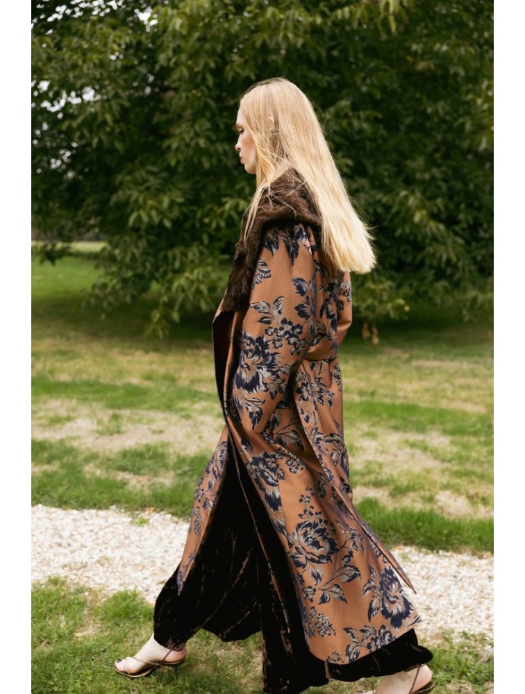 NIDODILEDA Morrison Overcoat Floral Jacquard Faux Fur Multi Φλοράλ Παλτό με Γούνα