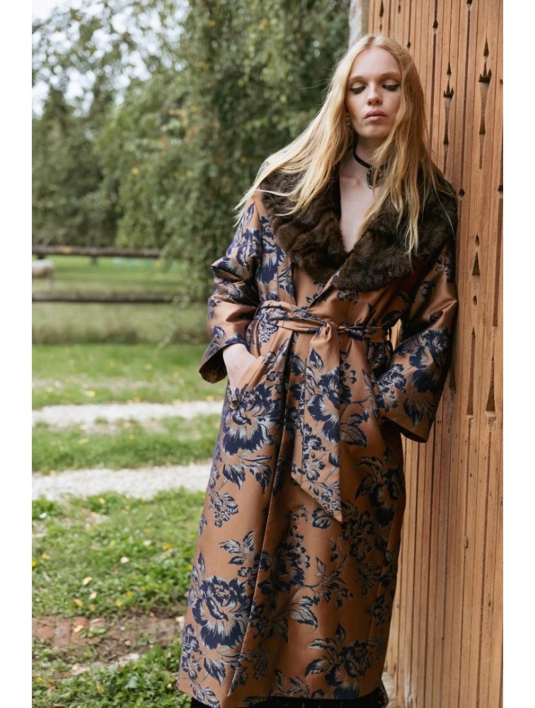NIDODILEDA Morrison Overcoat Floral Jacquard Faux Fur Multi Φλοράλ Παλτό με Γούνα