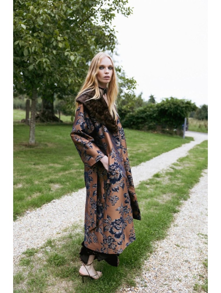 NIDODILEDA Morrison Overcoat Floral Jacquard Faux Fur Multi Φλοράλ Παλτό με Γούνα