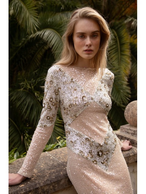 NIDODILEDA Nomadic Dress Beaded Sequined Net Applique