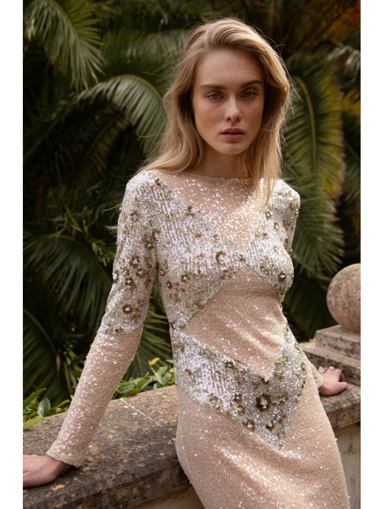 NIDODILEDA Nomadic Dress Beaded Sequined Net Applique