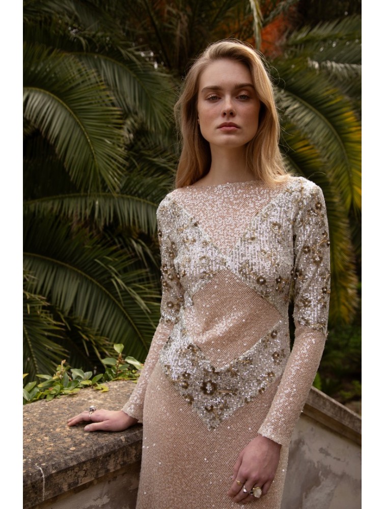 NIDODILEDA Nomadic Dress Beaded Sequined Net Applique