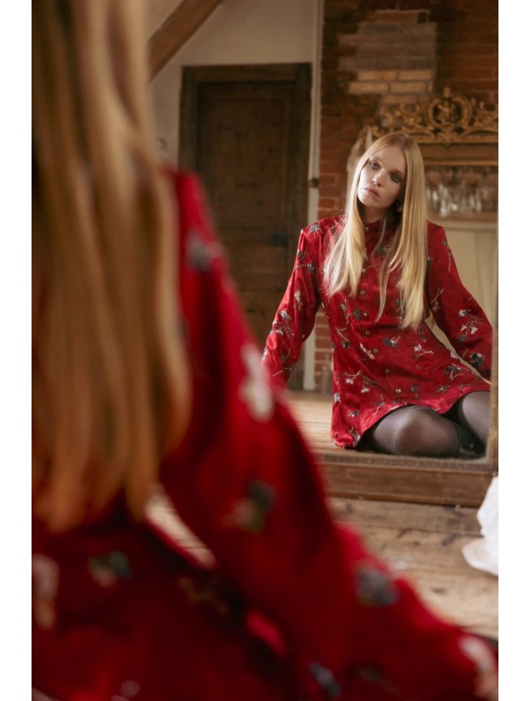 NIDODILEDA Prairie Shirt Dress Satin Embroidered Red Κόκκινο Σατέν Κεντητό Πουκαμισοφόρεμα