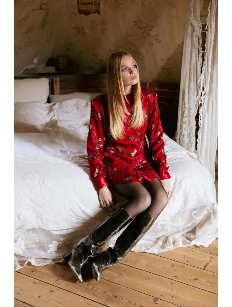 NIDODILEDA Prairie Shirt Dress Satin Embroidered Red Κόκκινο Σατέν Κεντητό Πουκαμισοφόρεμα
