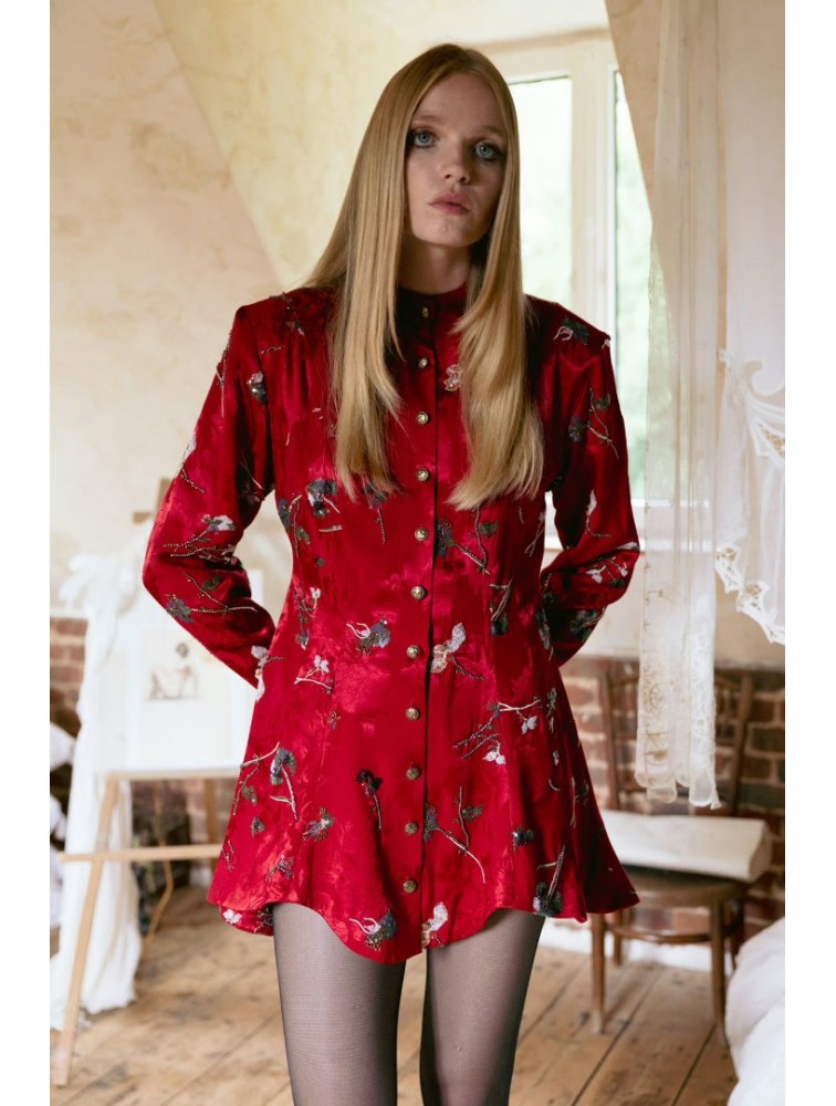 NIDODILEDA Prairie Shirt Dress Satin Embroidered Red Κόκκινο Σατέν Κεντητό Πουκαμισοφόρεμα