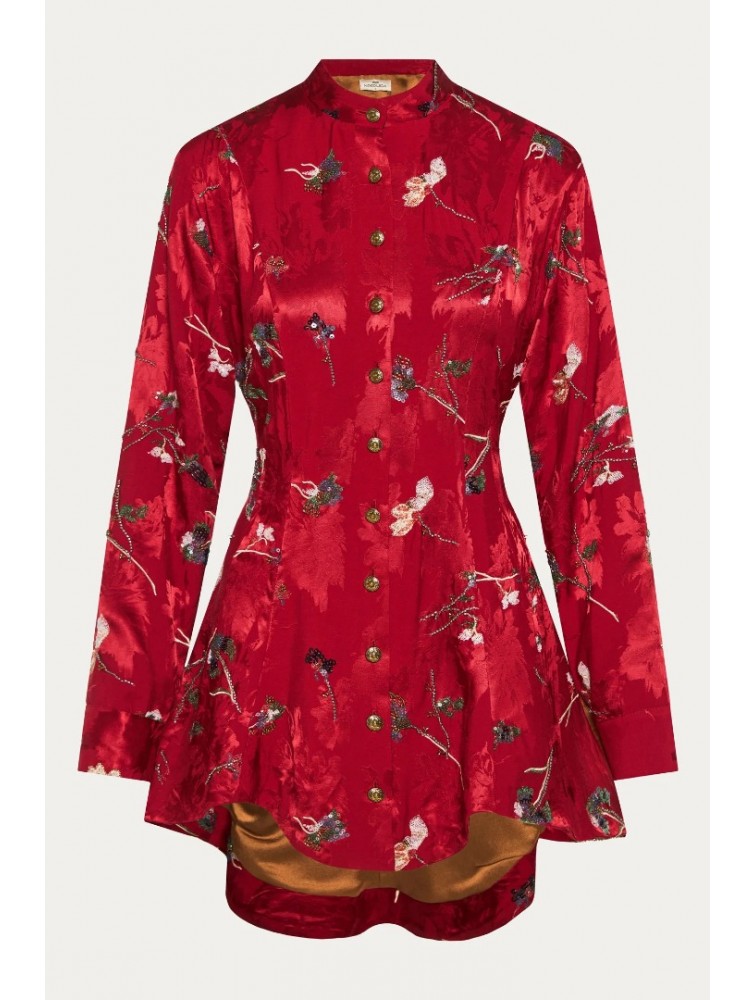 NIDODILEDA Prairie Shirt Dress Satin Embroidered Red Κόκκινο Σατέν Κεντητό Πουκαμισοφόρεμα