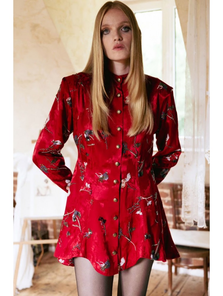NIDODILEDA Prairie Shirt Dress Satin Embroidered Red Κόκκινο Σατέν Κεντητό Πουκαμισοφόρεμα