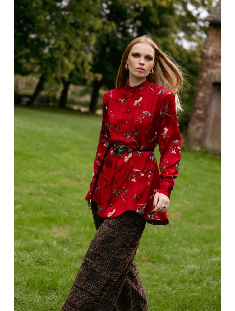 NIDODILEDA Prairie Shirt Dress Satin Embroidered Red Κόκκινο Σατέν Κεντητό Πουκαμισοφόρεμα