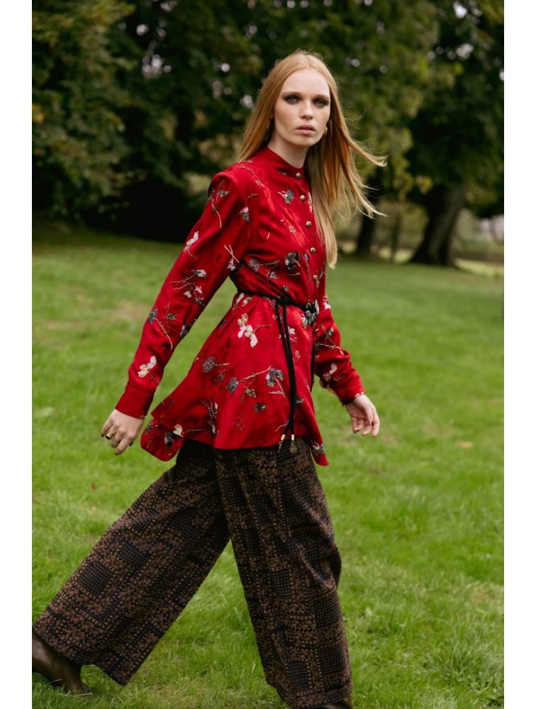 NIDODILEDA Prairie Shirt Dress Satin Embroidered Red Κόκκινο Σατέν Κεντητό Πουκαμισοφόρεμα