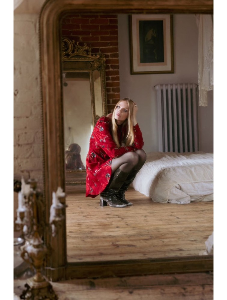 NIDODILEDA Prairie Shirt Dress Satin Embroidered Red Κόκκινο Σατέν Κεντητό Πουκαμισοφόρεμα