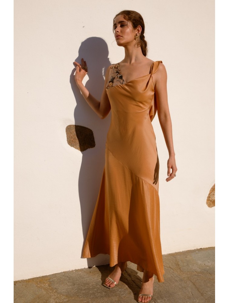 NIDODILEDA Rhea Dress Satin Lace Embellished Πορτοκαλί Σατέν Φόρεμα
