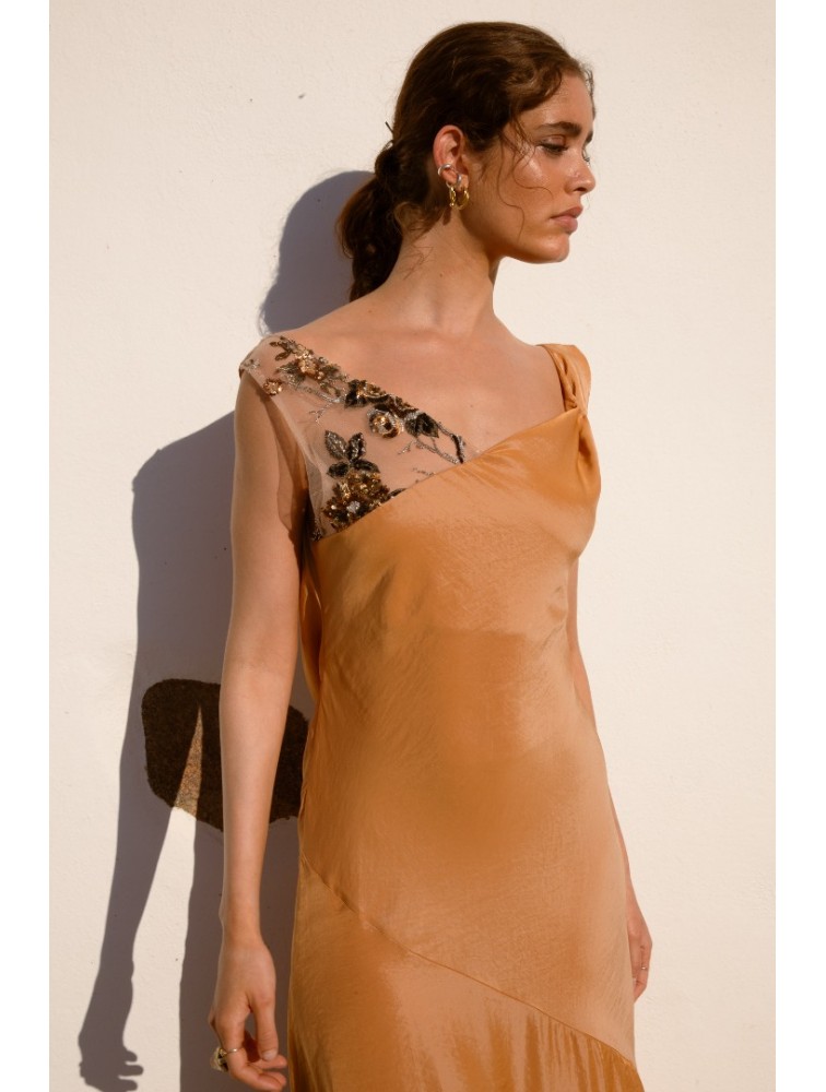 NIDODILEDA Rhea Dress Satin Lace Embellished Πορτοκαλί Σατέν Φόρεμα