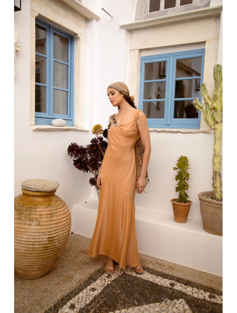 NIDODILEDA Rhea Dress Satin Lace Embellished Πορτοκαλί Σατέν Φόρεμα