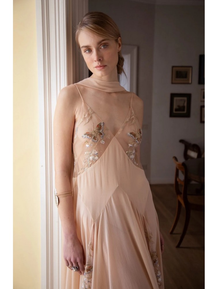 NIDODILEDA Rise Dress and Scarf Muslin Bead Embroidered Semi Sheer