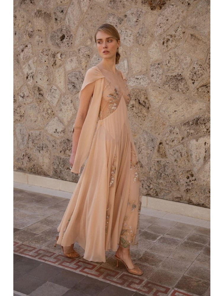 NIDODILEDA Rise Dress and Scarf Muslin Bead Embroidered Semi Sheer