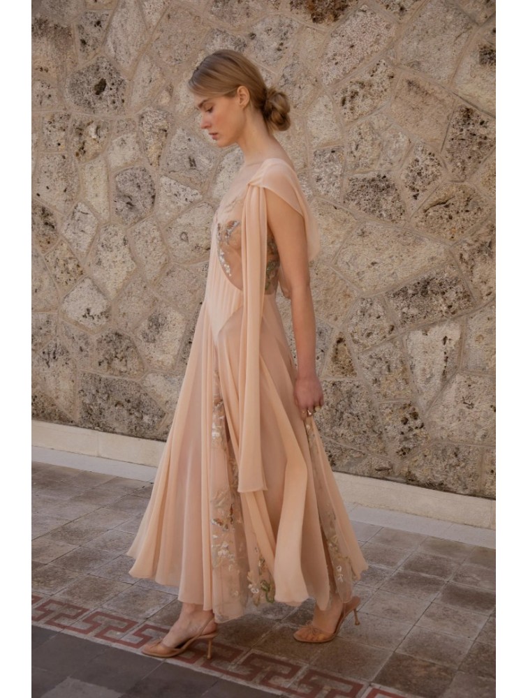 NIDODILEDA Rise Dress and Scarf Muslin Bead Embroidered Semi Sheer