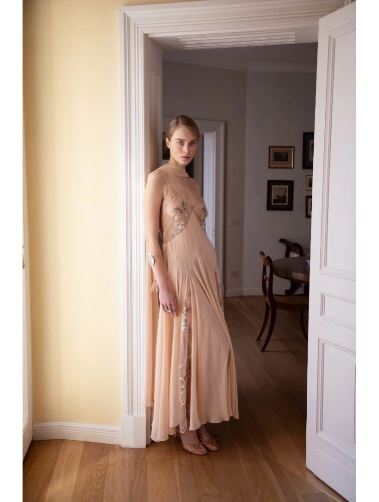 NIDODILEDA Rise Dress and Scarf Muslin Bead Embroidered Semi Sheer