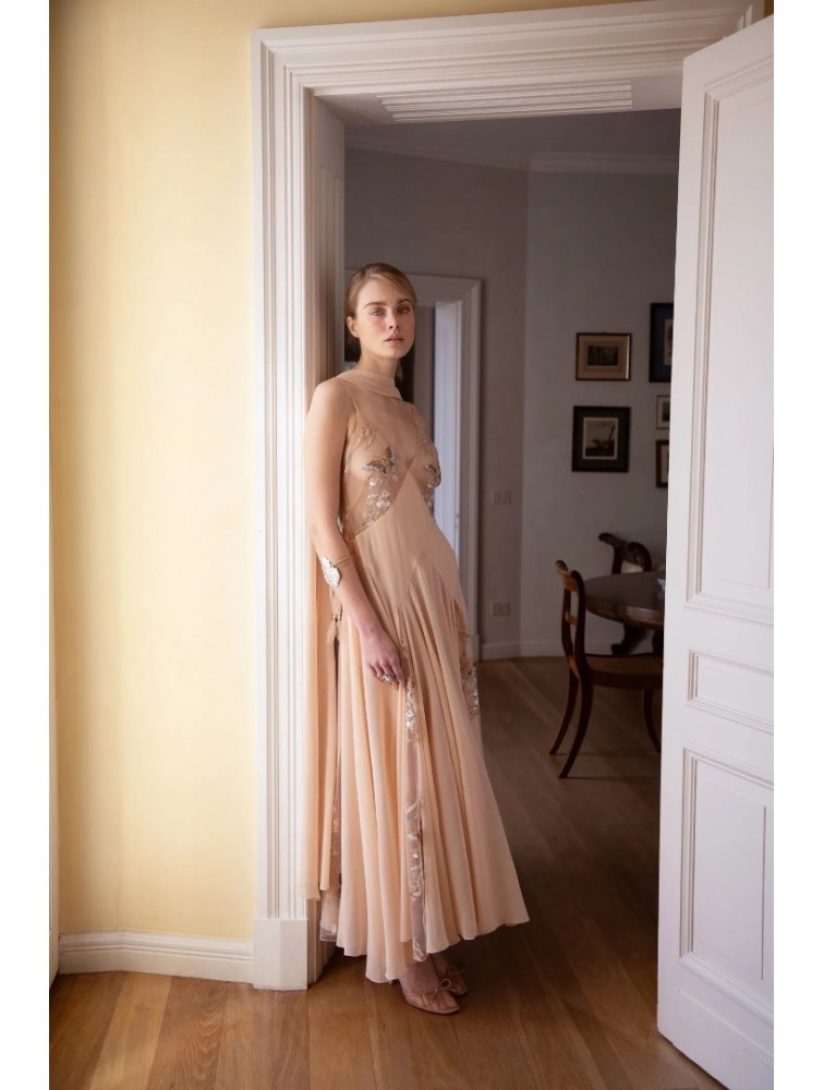 NIDODILEDA Rise Dress and Scarf Muslin Bead Embroidered Semi Sheer