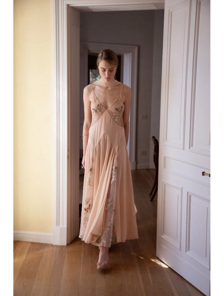 NIDODILEDA Rise Dress and Scarf Muslin Bead Embroidered Semi Sheer