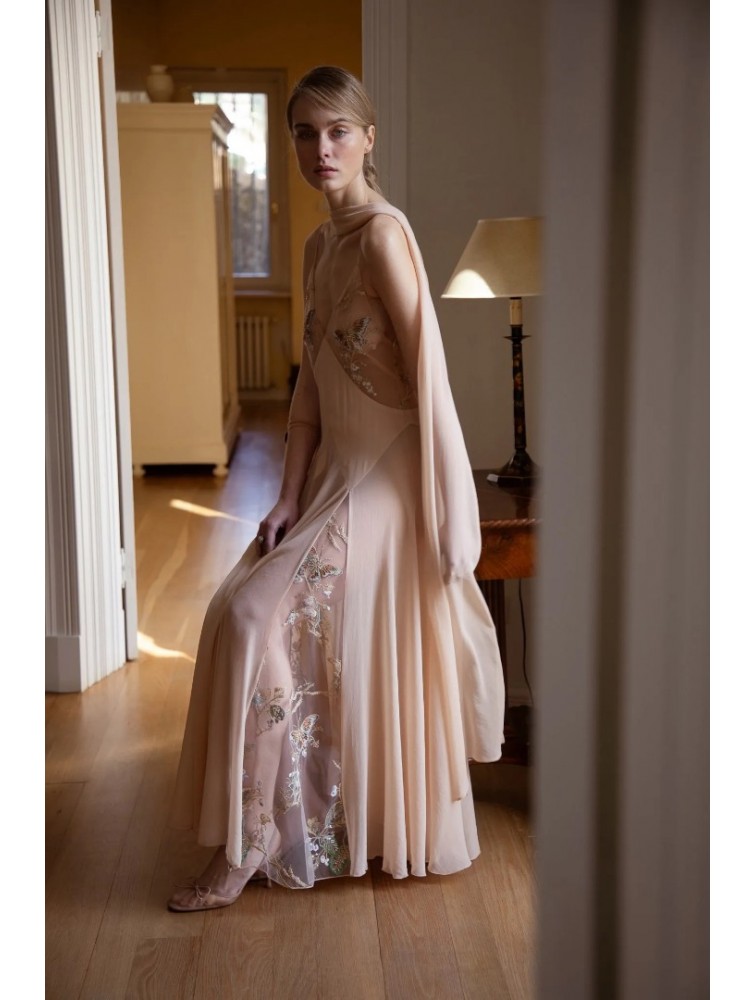 NIDODILEDA Rise Dress and Scarf Muslin Bead Embroidered Semi Sheer