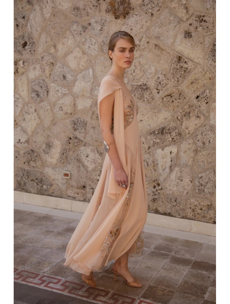 NIDODILEDA Rise Dress and Scarf Muslin Bead Embroidered Semi Sheer