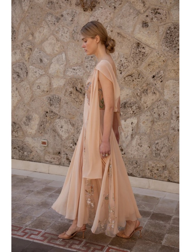 NIDODILEDA Rise Dress and Scarf Muslin Bead Embroidered Semi Sheer