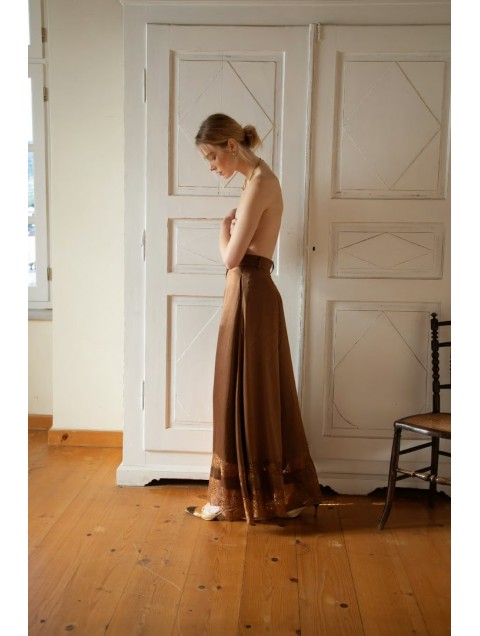 NIDODILEDA Scope Pants Satin Lace Embellished Chocolate Καφέ Σατέν Παντελόνα 